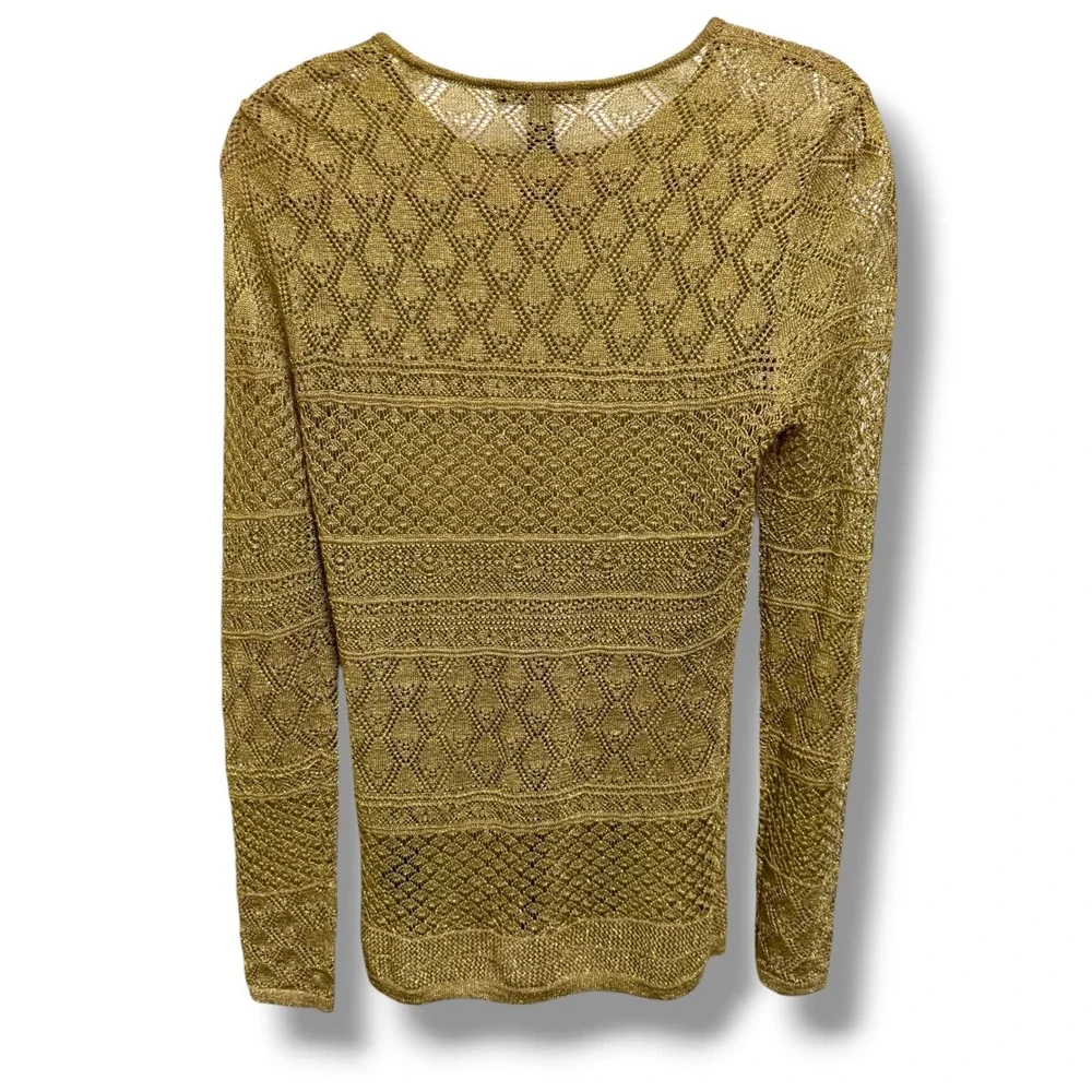 Lauren Ralph Lauren‎ Gold Metallic Pointelle Knit Crochet Sweater Top Womens M